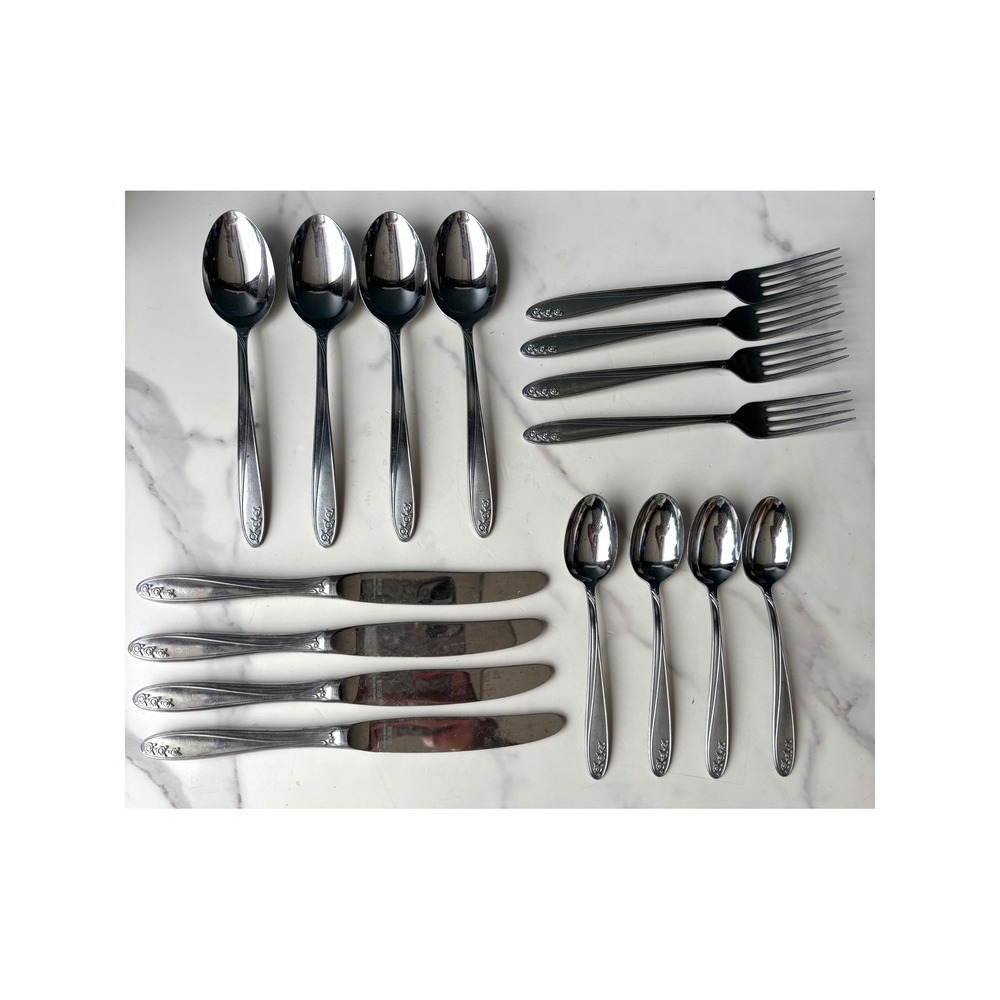 Robeson Germany Stainless Flatware 16pc Set Floral Rose Bud Silverware Vintage